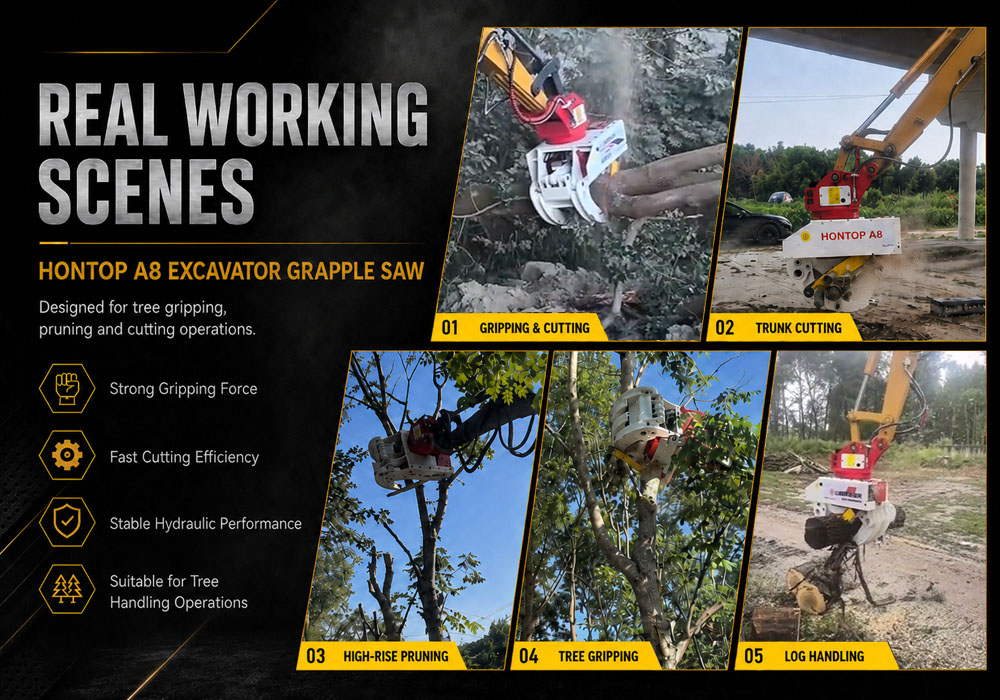  rotating grapple saw gripping log for cutting