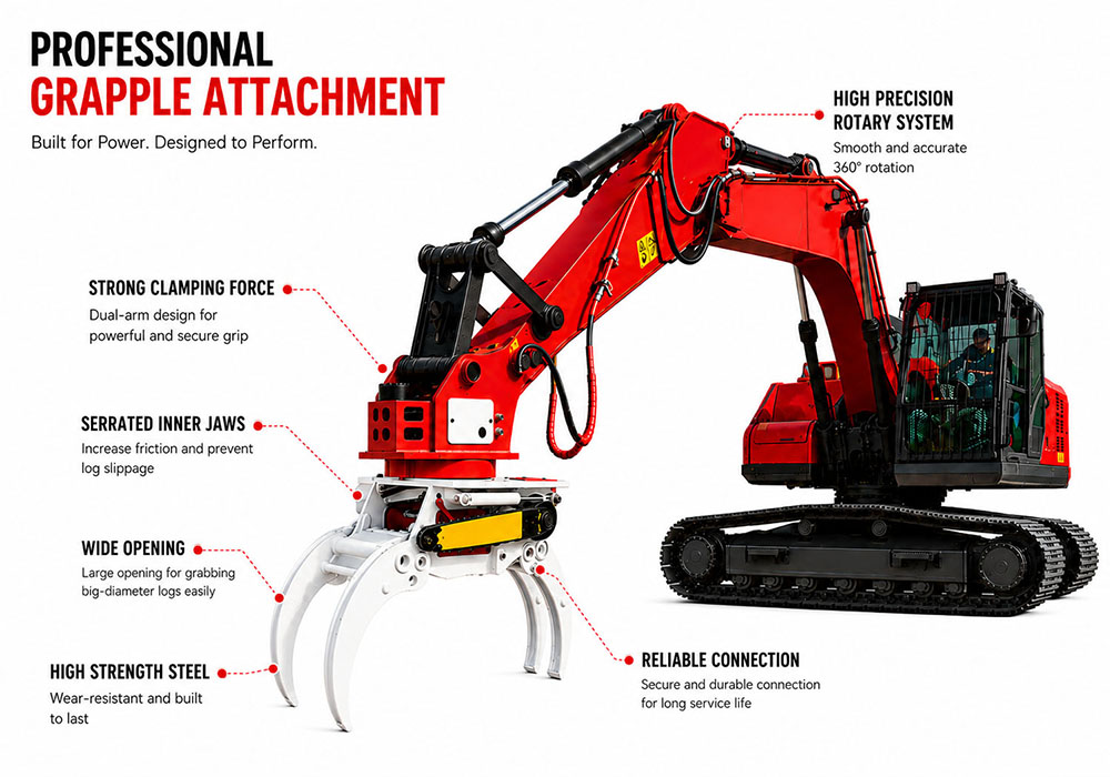excavator grapple saw attachment on excavator